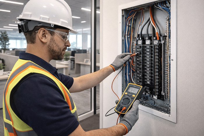 Electrician in a hard hat testing a commercial electrical panel with a multimeter