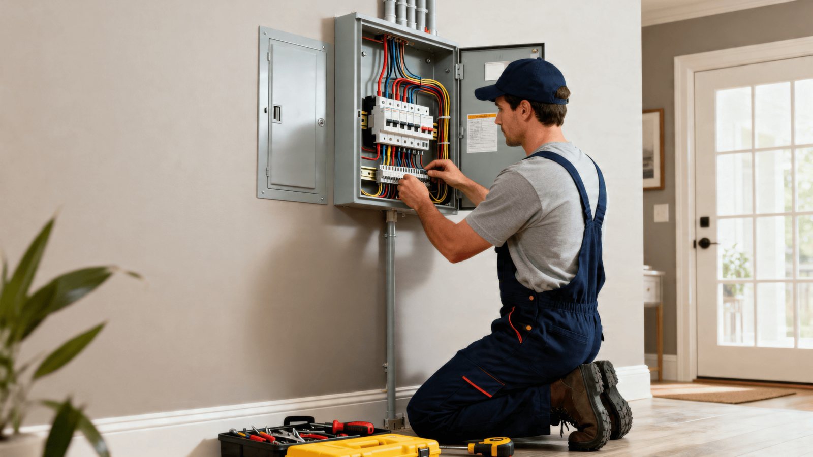 Electrician wiring a residential electrical panel, connecting breakers and cables