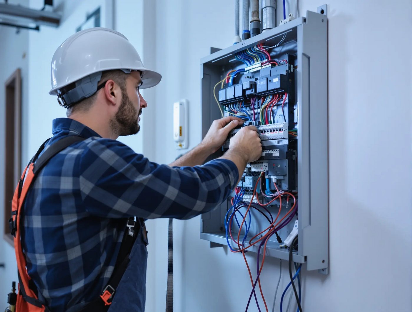 Electrician in a hard hat wiring an electrical panel